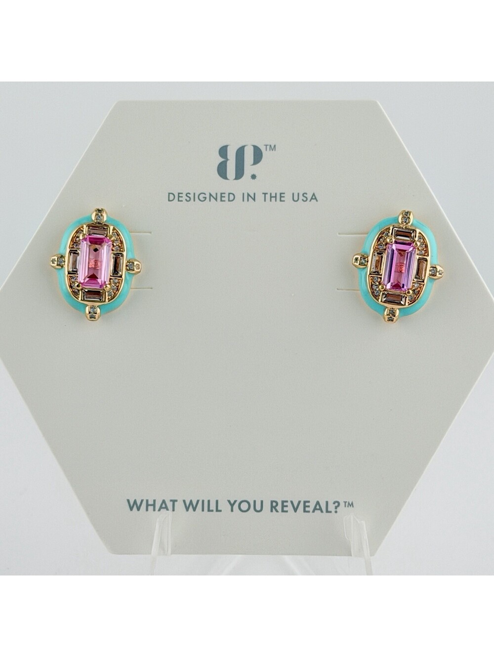 Bomb Party Enamel Earrings "Tidal Moments" Turquoise & Pink Sapphire Yellow Gold